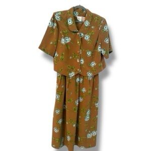 Halmode 2 Piece Dress & Jacket Blue Floral on Brown Dress. Women’s 20W